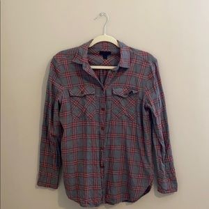 Grey & Red Button Up Plaid Top